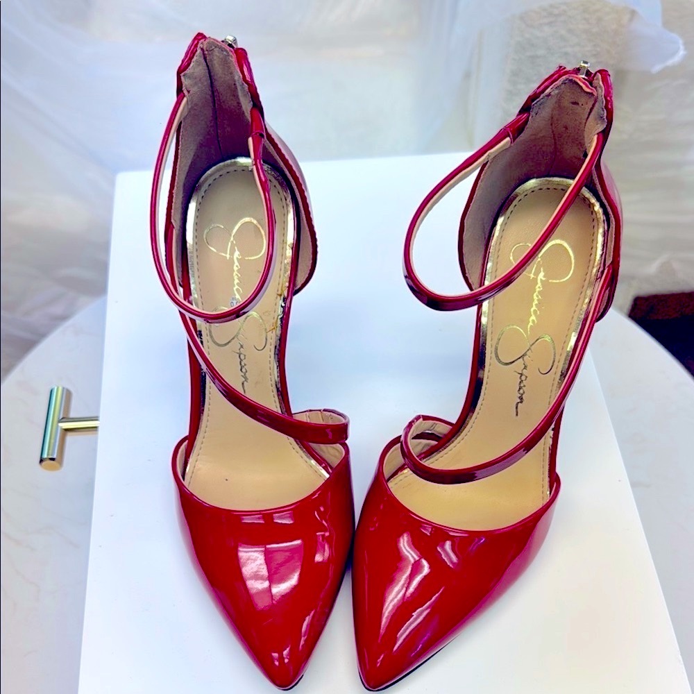 Red High Heels with Pointed Toe and Ankle Straps wear twice like 🆕 “
